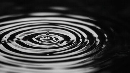 Droplet Creating Ripples on Calm Water Surface in Black and White Photography