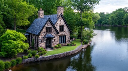 Obraz premium Lakeside Stone Cottage Home - Tranquil lakefront home, stone architecture, lush greenery, peaceful setting, cozy interior.