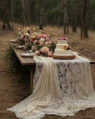 Rustic wedding cake table setting in woods.