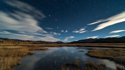 Night Sky Over Calm Mountain Lake Reflecting Stars