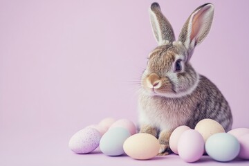 Fototapeta premium Adorable bunny with pastel Easter eggs on a light lavender background, symbolizing spring, celebration, and festive holiday traditions