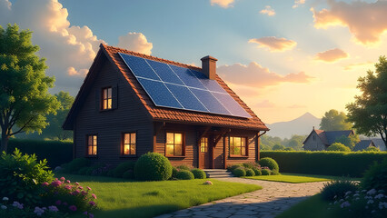 A wooden house with solar panels, surrounded by a garden with green grass, pathway, trees and flowers.	
