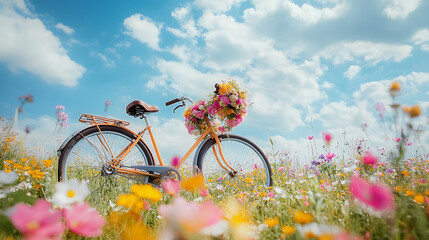 A bright pink bicycle stands still in a lush flower field, adorned with a basket full of colorful blooms, under a sunny sky filled with fluffy clouds. Generative AI