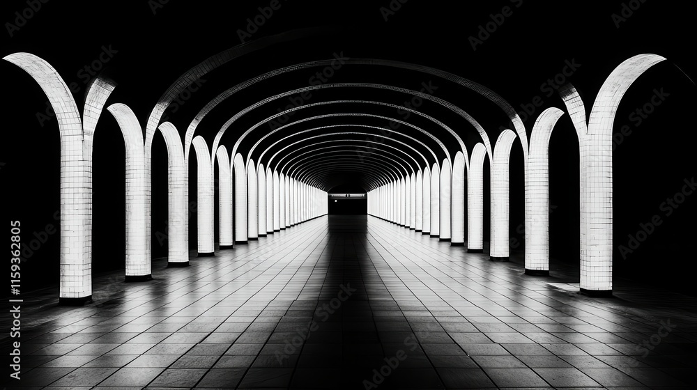 Poster serene hallway with luminous arches in a dark underground setting creating a mesmerizing perspective