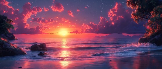 Vector illustration of a calm ocean shore at sunset featuring gentle waves, vibrant sky colors, and tranquil seascape