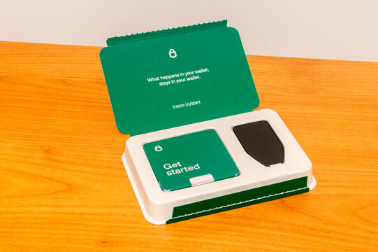Pruszcz Gdanski, Poland - December 21, 2024: New Trezor Safe 3. Trezor is hardware crypto wallet.
