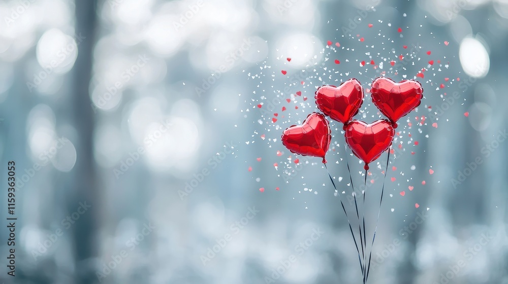 Poster romantic red heart balloons floating in a dreamy forest setting with soft bokeh background