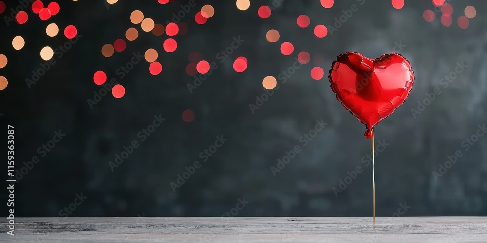 Poster heart-shaped balloon stands alone on a rustic wooden table with colorful bokeh lights in background