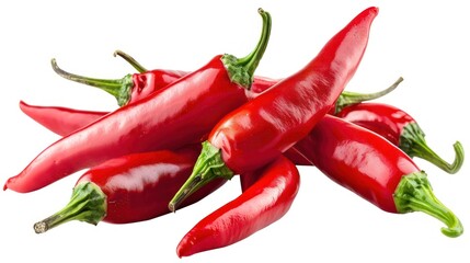 Pile of shiny red chili peppers with green stems.