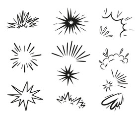 Featuring, comic-style motion effects, including explosive booms vector illustration, dynamic speed lines, and action bursts. Hand drawn doodle style elements ideal for enhancing cartoon