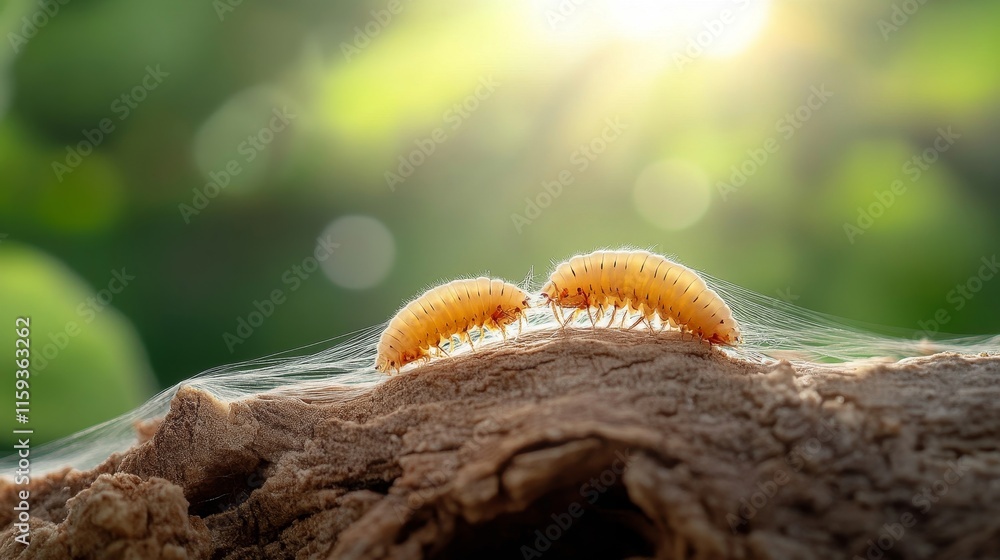 Poster close-up of two caterpillars sharing a branch in soft natural light with a beautiful bokeh backgroun