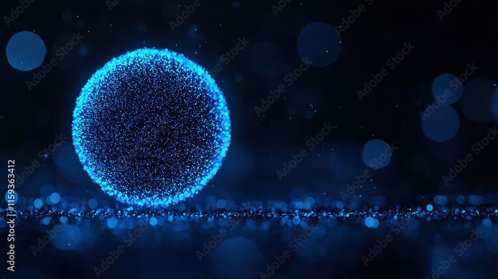Poster glowing blue sphere surrounded by sparkling blue particles on dark background for abstract concepts