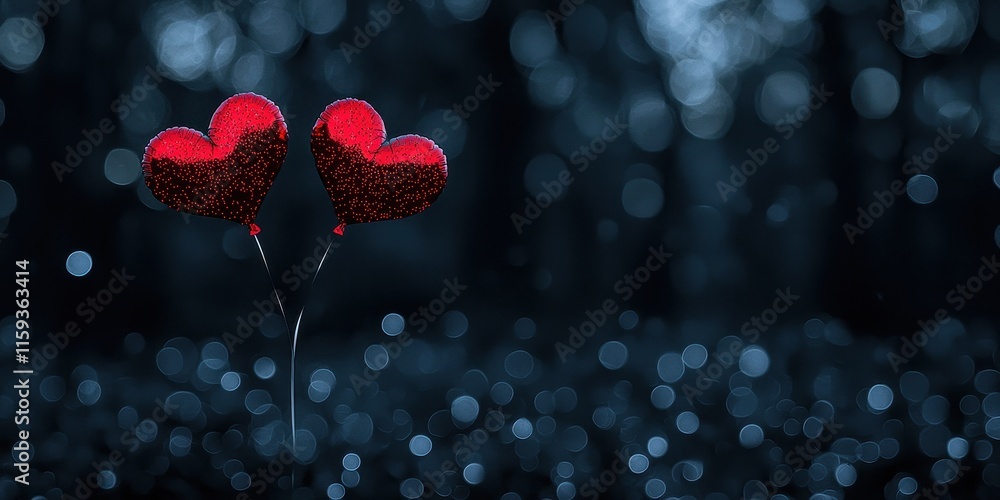 Poster two glittering red hearts on stick against a blurred dark background with bokeh effect