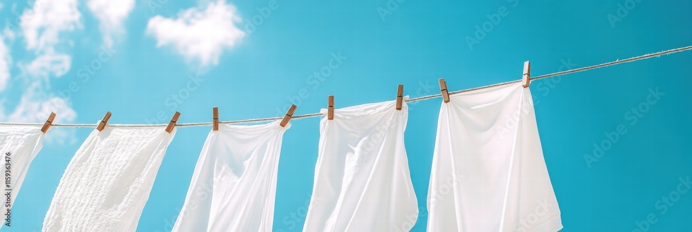 Poster bright white clothes drying on a line under a sunny blue sky with ample copy space for text creation
