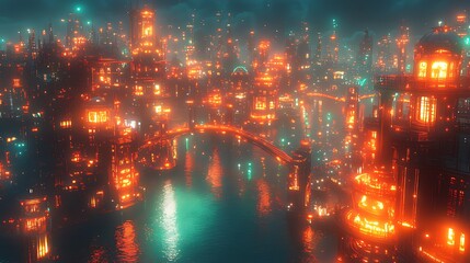 Futuristic city at night, illuminated with orange and teal lights reflected in water.