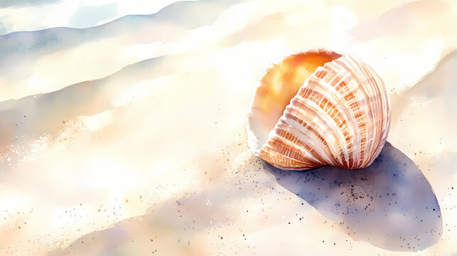 Watercolor seashell in sunlit sand. Seabreeze. Illustration