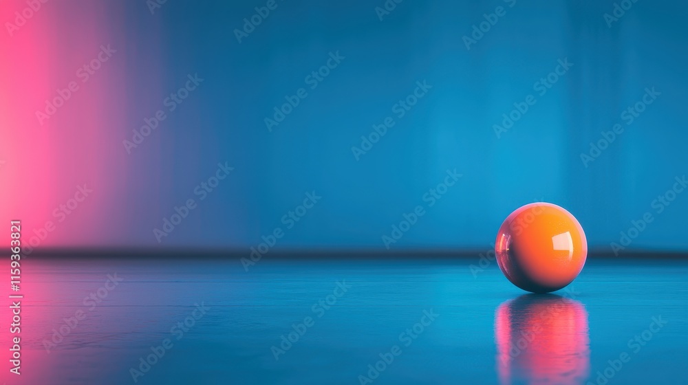Poster vibrant orange sphere on reflective surface against colorful gradient background in studio setting