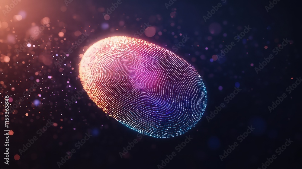 Poster a 3d fingerprint with a holographic effect floating over a dark background with subtle light particl