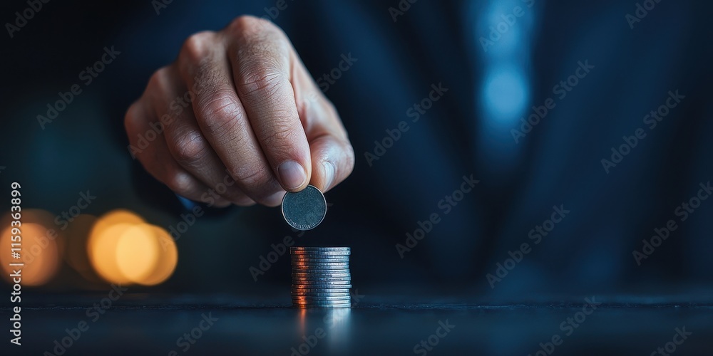 Poster man in suit depositing coin into stack of coins in dark professional environment with blurred lights