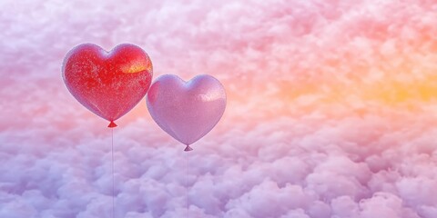 Romantic Heart Shaped Balloons Floating Among Soft Colorful Clouds in a Dreamy Sky Setting