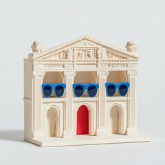 Fototapeta premium A striking architectural model featuring stylish blue sunglasses, capturing a playful blend of art and fashion against a white background.