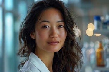Naklejka premium A confident woman with wavy hair, exuding positivity in a modern workspace filled with soft light.