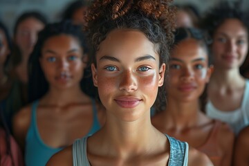 Fototapeta premium A confident young woman stands in a diverse group, showcasing unity and strength among peers in a modern setting.