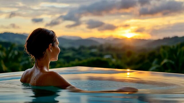 The woman gracefully glides through the serene, crystal clear infinity pool, feeling weightless as she watches the vibrant sun dip below the horizon