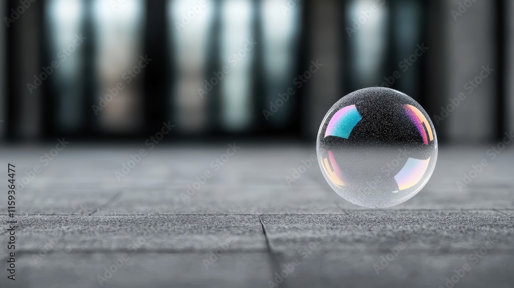 Poster a single transparent bubble on a textured surface with reflection and backdrop of blurred windows