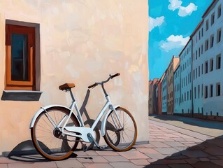 Quiet Berlin street in acrylics, minimalistic tones with subtle graffiti and bicycles leaning against old walls