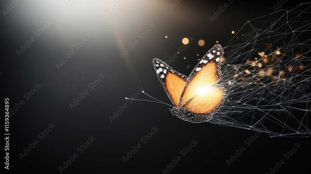 Poster stunning butterfly emerging from a digital network with sparks and light effects in a dark backgroun