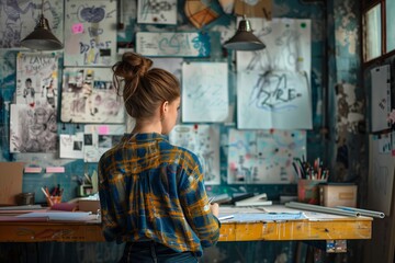 A creative individual explores artistic ideas in a vibrant studio filled with sketches and inspiration.