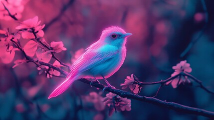 Fototapeta premium Bird with translucent feathers that glow pink and blue, perched on a neon tree branch in a forest generative ai