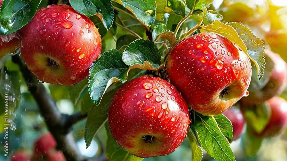 Poster a few red apples hanging from a tree branch. apples are covered with water droplets