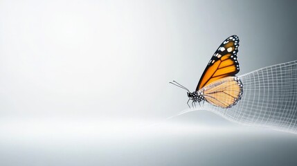 Obraz premium Delicate Monarch Butterfly on Soft Background with Abstract Flowing Mesh, Symbolizing Freedom, Transformation, and Nature’s Beauty in Perfect Harmony