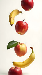 Fresh apples and bananas floating in the air against a plain background