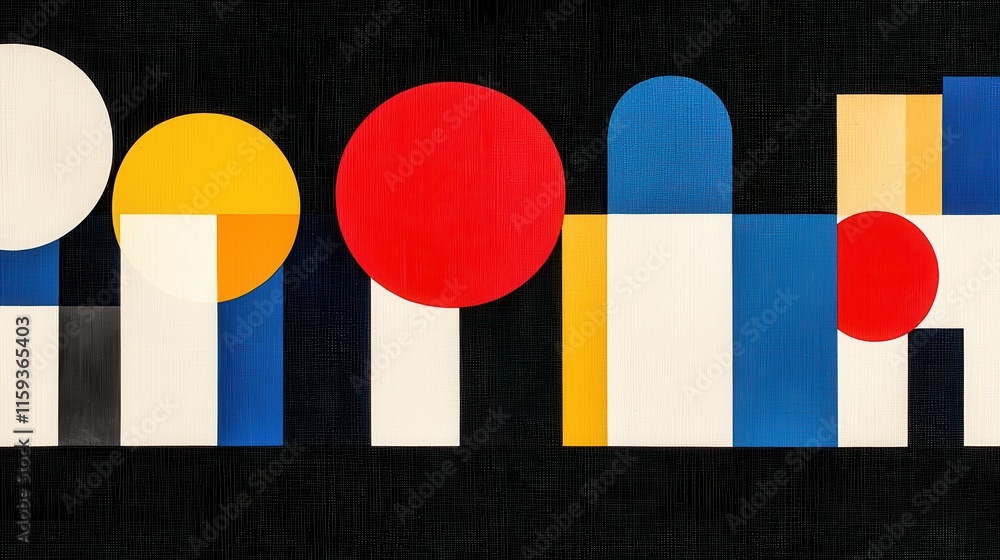Poster abstract geometric composition with colorful circles and rectangles on a dark background