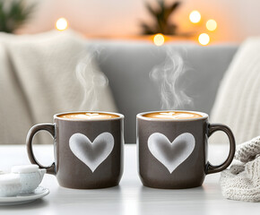 romantic steaming coffee mugs with hearts, perfect for valentine's day themes