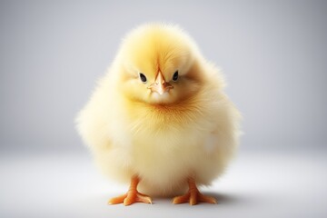 Obraz premium A cute, fluffy chick stands confidently, showcasing its vibrant feathers and curious expression in a soft light.