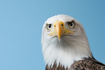 Obraz premium Close-up of a majestic eagle against a blue background.