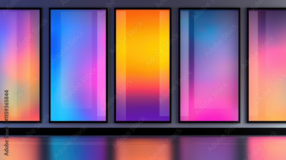 Poster vivid abstract artwork in gallery with colorful gradient panels and smooth reflections on floor