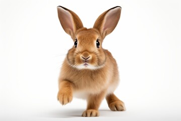 Obraz premium A cute rabbit hopping playfully, showcasing its soft fur and vibrant features against a clean white background.