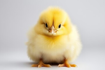 Obraz premium A cute yellow chick with fluffy feathers, posed against a light background, perfect for conveying innocence and nature.