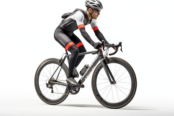 Fototapeta premium A cyclist in sleek attire races on a modern bike, showcasing speed and athleticism against a clean backdrop.