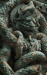 Stone sculpted deity with snakes wrapped around it.
