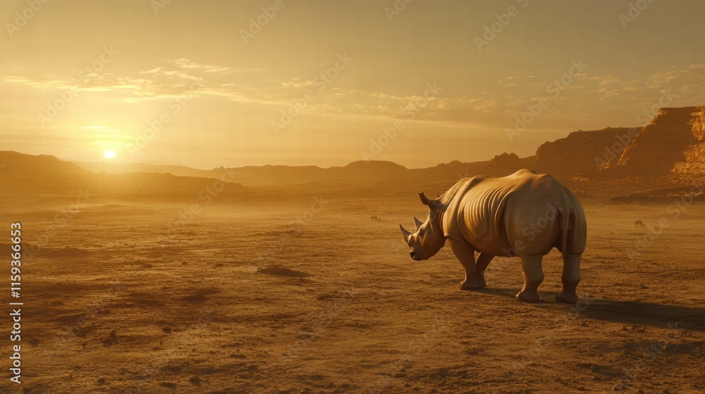 Poster rhino standing in a barren savanna during golden hour with a peaceful landscape in soft light. gener