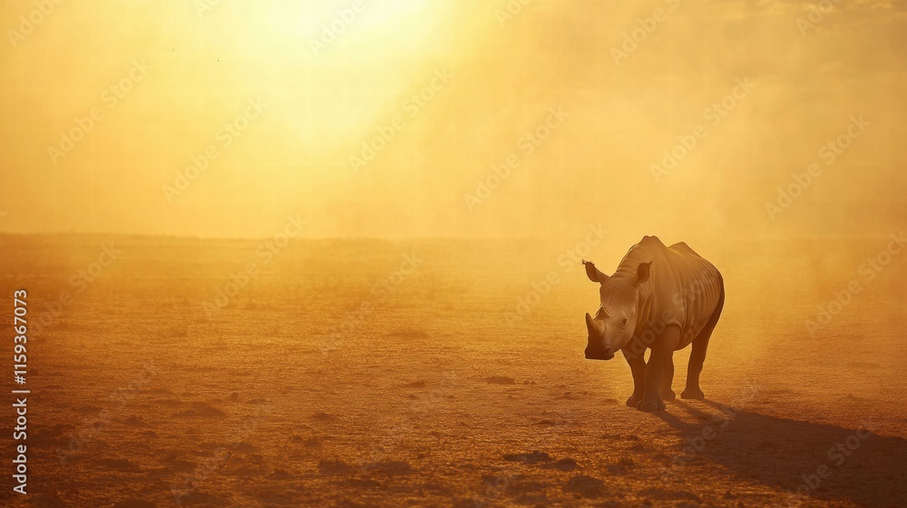 Aufkleber rhino roaming in golden light of barren savanna at dusk with open space for text. generative ai