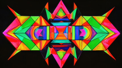 Vibrant geometric shapes in radiant fluorescent colors on black background create striking visual impact. interplay of colors and forms evokes sense of energy and creativity