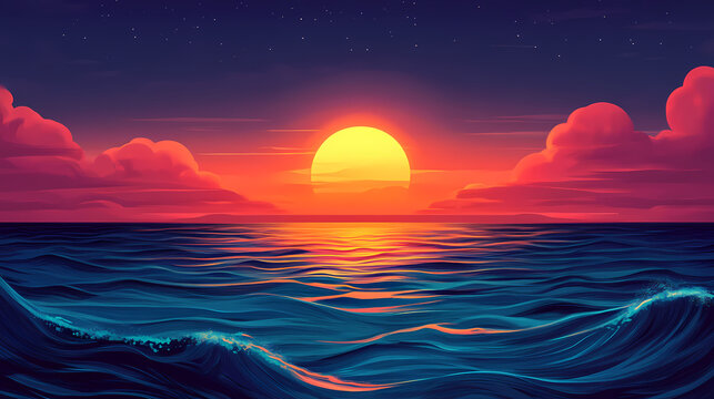 Serene ocean sunset, showcasing vibrant hues reflecting calm waves, creating tranquil picturesque seascape. Seabreeze. Illustration