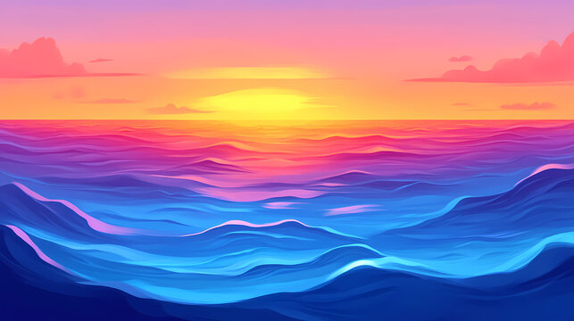 Serene ocean sunset, showcasing vibrant hues reflecting calm waves, creating tranquil picturesque seascape. Seabreeze. Illustration